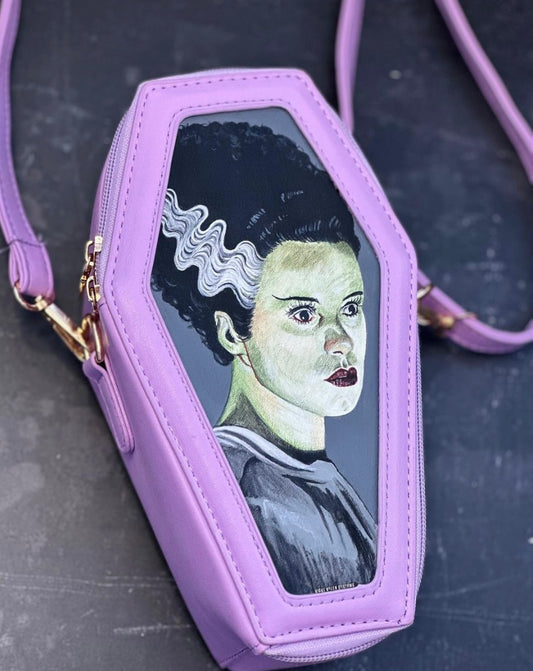 Hand Painted Bride Of Frankenstein Horror Coffin Crossbody Bag